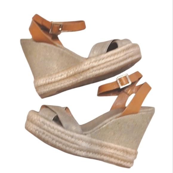 Tory Burch Espagrille Wedges Tan Open Toe Ankle Strap Sandals Size 9 B - Picture 1 of 13